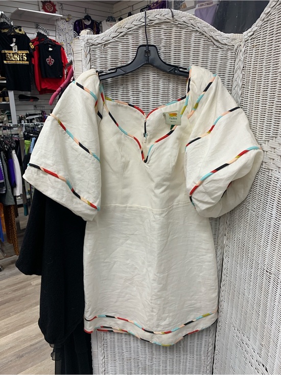 FARM Rio Dresses & Skirts - FARM Rio Cream Linen Puff-Sleeve Dress with Multicolor Trim
